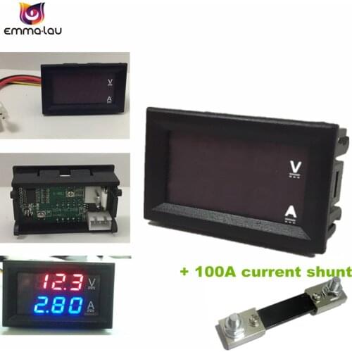 DC 0-100V 100A Digital Voltmeter Ammeter Red Blue Dual LED Amp Volt Meter Current Monitor Tester + Current Shunt With Wire