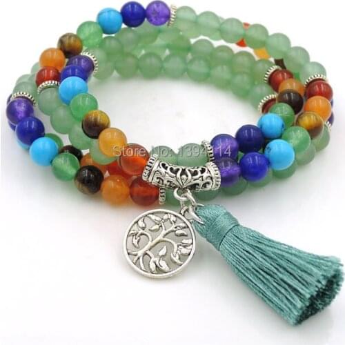 Tree Life 6mm Green Aventurine And 7 Chakra Balance Combination 108 Beads Beaded Bracelet Necklace