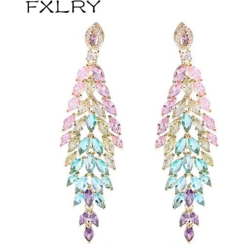 FXLRY Exclusive New Tassel Multicolor Zircon Leaf Earrings For Women Wedding Jewelry Banquet Dress Accessories