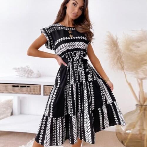 Elegant O-Neck Party Dress Women Fashion Sleeveless Lace-Up Belt Mini Sundress Summer Ladies Print A-Line Dress Female Vestidos