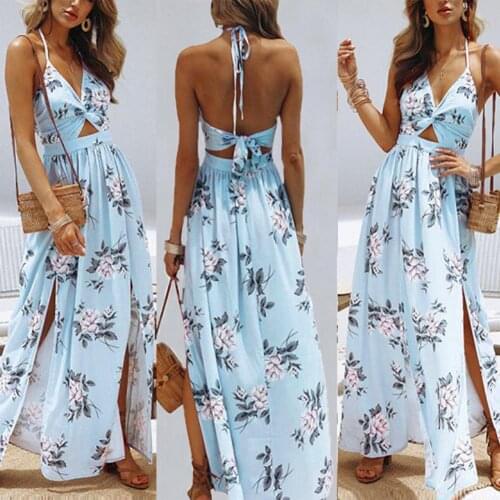 Elegant Women Dress Plus Size Floral Print Halter V-Neck A-Line Summer Off Shoulder Sexy Backless Beach Party