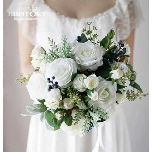HIMSTORY Romantic Wedding Bouquet White Roses Flowers Green Leaves Silk Roses Boho High Simulation Bouquet Wedding Accessorie