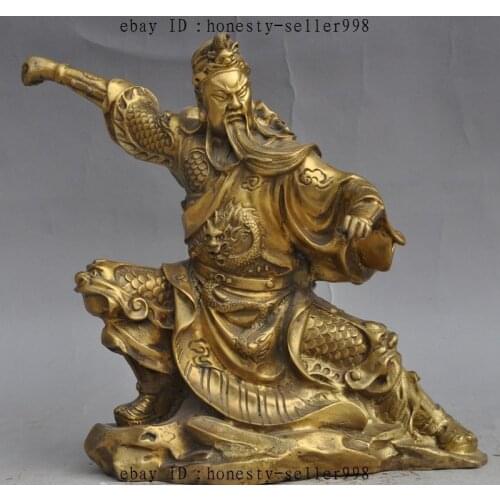 10"Chinese brass Protect Warrior Dragon guangong Guan Yu God Statue Sculpture
