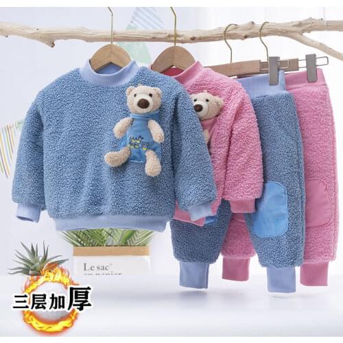 80-120 Cm Winter Girls Boys Cute Cartoon Bear Fleece Suit Baby Kids Children Clothing Set 2pcs