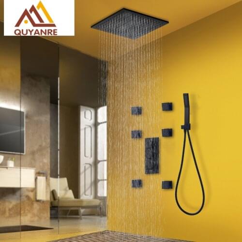 Quyanre Black Thermostatic Shower Faucets Kit Brass Shower Head 6pcs Massage SPA Jets 3-Way Thermostatic Mixer Tap Bath Shower