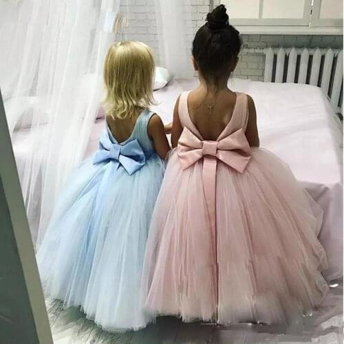 Flower Girl Dresses For Weddings Kids Girls Pageant Dress Bow Ribbon Floor Length Communion Party Gowns Puffy Soft Tulle Skirts