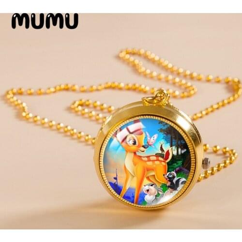 2021 New Bambi and Faline Pocket Watch Necklace Gold Color Vintage Watch Glass Dome Pendant Jewelry Gifts