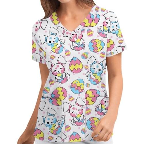 Easter Rabbit Graphic Tee For Women Health Care Workers Nursing Scrubs Top Short Sleeve Work Uniform With Pocket Enfermera A50