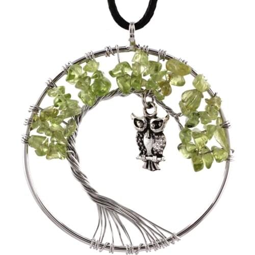 Trendy-beads Silver Plated Olivine Stone Wisdom Tree Of Life Pendant Rope Chain Necklace Fashion Owl Jewelry