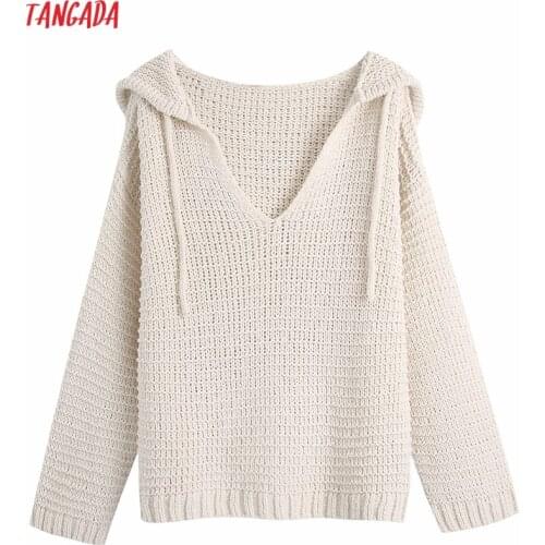 Tangada Women Beige Hollow Oversized Hood Sweater Jumper Long Sleeve Female Pullovers BE210