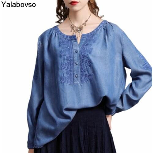 O Neck Pullovers Vintate Retro Clothes Womens 2021 Autumn New Loose Dark Blue Tops Embroidered Shirts Ladies Tees For Female