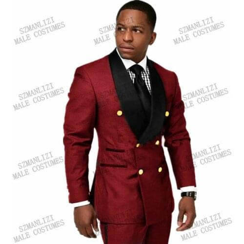 Formal Burgundy Double Breasted Groomsmen Shawl Lapel Groom Tuxedos Slim Fit Men Suits Wedding/Prom/Dinner Best Man Blazer Pants
