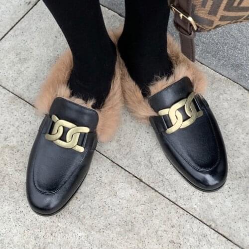 Plus Size 34-43 2020 Brand Women Shoes Winter Genuine Leather Loafers Rabbit Fur Round Toe Slippers Luxury Low-heeled Shoes