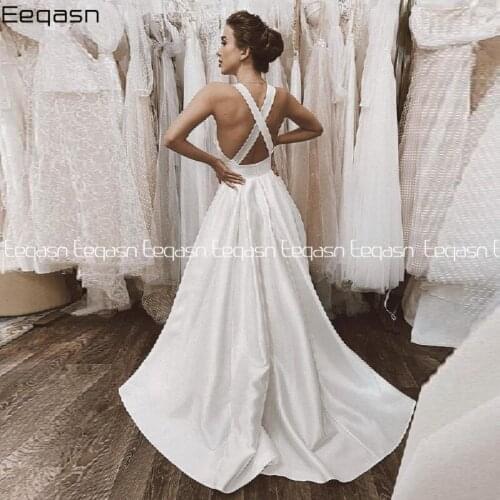 Simple Backless Satin Wedding Dresses 2021 Long A-line Vintage Deep V Neck Court Train Bridal Gown vestidos de novia