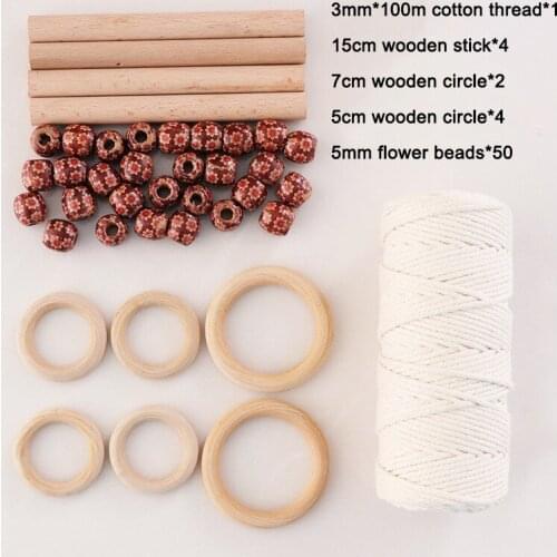 1 set 100% Macrame Cords Cotton Ropes with Wooden Ring Wooden Stick Beads DIY Beige Macrames Crafts Wall Hanging Plant Hanger