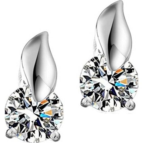 1 pairs copper material small leaves stud earrings setting round shape cubic zirconia gold color push-back earrings for women