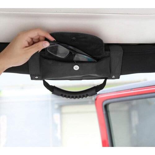 Car Roll Bar Grab Handle with Sunglasses Holder Storage Bag Armrest Pouch Bag Accessories for Jeep Wrangler JK JL Black