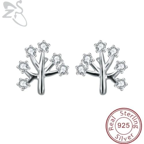 CZ Crystal Tree Stud Earrings 925 Silver Ear Stud Tragus AAA Zirconia Earrings for Women Sterling Silver Helix Earring Jewelry