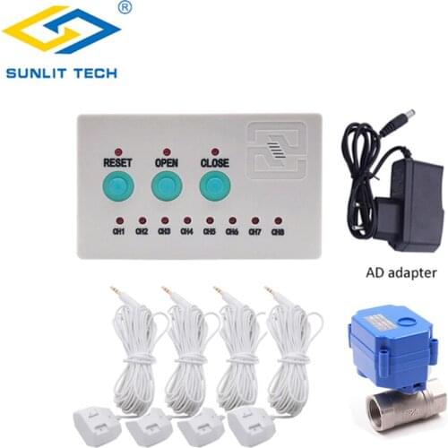 WZ808 Smart Home Water Leakage Sensor Alarm Kit with 4pcs water cables 1/2" 3/4" 1" Stainless Valve Flood Water Leaking Detector