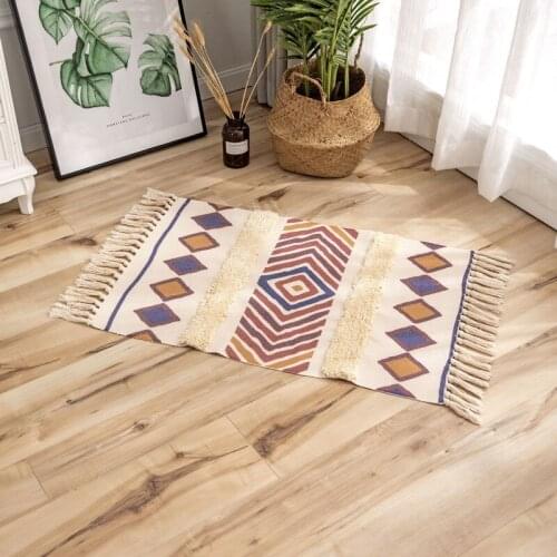 Home Modern Retro Cotton Linen Tassel Tea Table Foot Pad For Bedroom Living Room Bedside Geometry Floor Mat Home Decoration Mats
