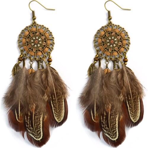 Ethnic Brown Feather Earrings for Women Boho Indian Jhumka Long Feather Earring Tribal Party New Tribal Gypsy Wedding pendientes