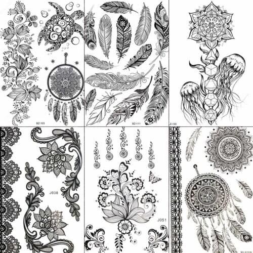 FANRUI Feather Dream Catcher Black Henna Temporary Tattoo Sticker Rattan Mehndi Fake Tatoo Waterproof Body Art Arm Tattoo DIY