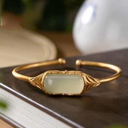 Natural Hetian Jade Green Jade S925 Sterling Silver Bamboo Leaf Bracelet Womens Fashion All-Matching Popular Simplicity Ethnic