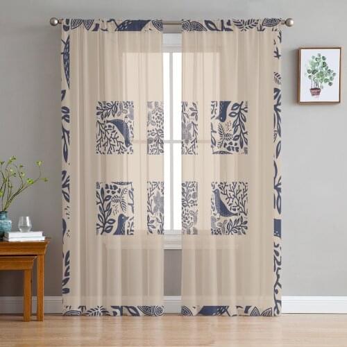 Classic Bird Leaf Grid Voile Curtains for Living Room Window Treatment Sheer Curtains for Bedroom Kitchen Drapes