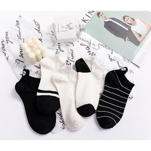 Kawaii White Black Calcetines Mujer Ankle Sokken Chaussette Femme Embroidery Panda Sox Boat Socks Funny Cute Harajuku Divertidos