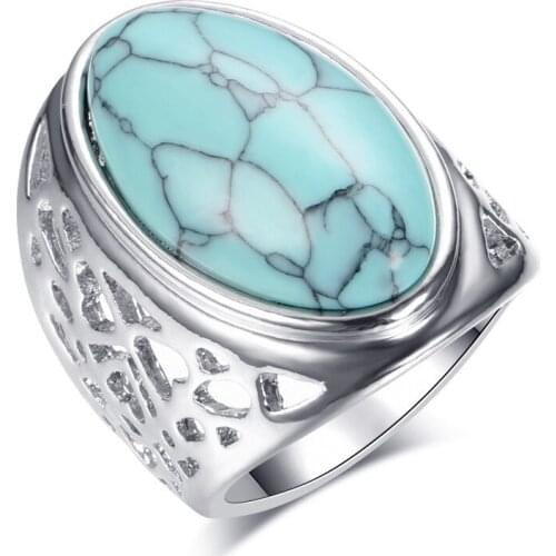 MIQIAO Silver Plated Hollowed Turquoise Green Stone Vintage Boho Retro Indian Rings for Women Wedding Couple Gift Jewelry Bague
