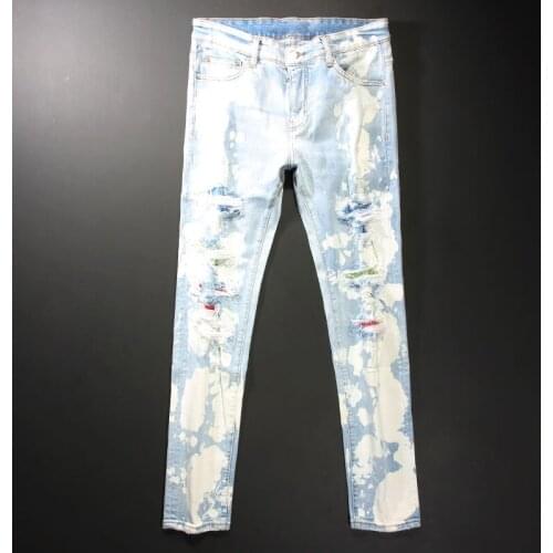 American Street Style Fashion Men Jeans Retro Light Blue Slim Fit Ripped Jeans Painted Patches Designer Hip Hop Denim Punk Pants