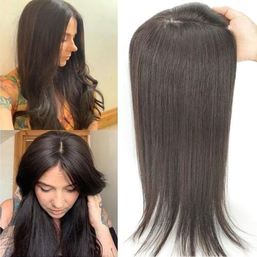 6"x6" Long Straight Human Hair Topper 4 Clips in perimeter Silk Top Hair Pieces for Women Breathable Silk Top Base European Hair