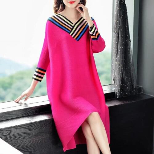2021 New Fashion Womens Striped Patchwork Dress Female Casual Style Spring And Autumn V-Neck Dresses