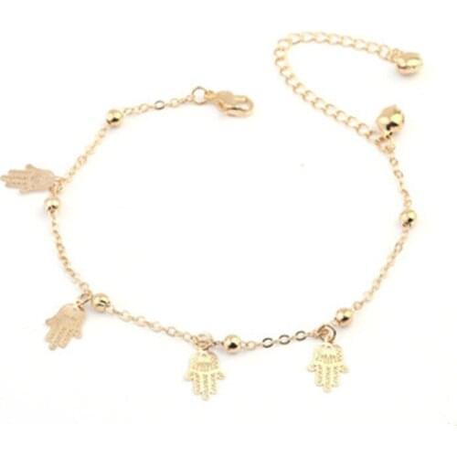New Arrived temperament Double Layer Anklets Hollow Hamsa Hand Pendant Charm Gold Color Bell Accessories For Women Bijoux