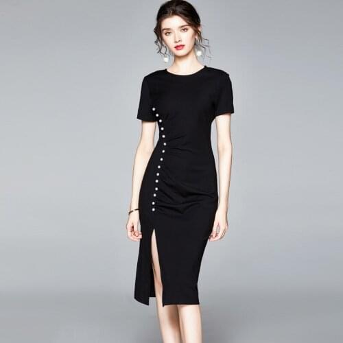 New Women Black Dress Summer 2021 Elegant Fashion Shirring Embroidered Flares O-Neck Short Sleeve Sexy Slim Dress Party Dress