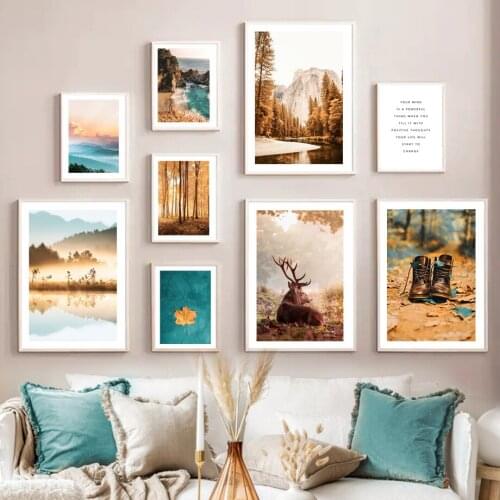 Autumn Nordic Poster Mountain Lake Foggy Forest Deer Leaf Wall Art Prints Canvas Painting Decoration Pictures For Living Room