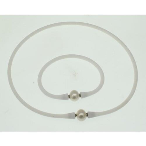 One set Freshwater Pearl White Round 10-11mm +WHITE silicione Necklace Bracelet 40/50cm 19cm wholesale for women xmas gift