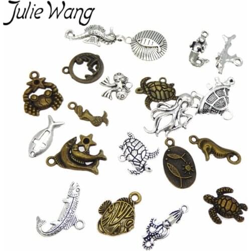 Julie Wang 20PCS Randomly Mix Turtle Fish Mermaid Seahorse Antique Alloy Charms For Neckalce Pendant Jewelry Making Accessories
