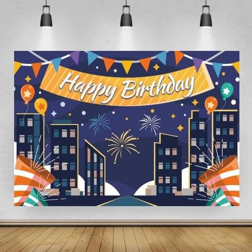 Happy Birthday Celebration Firecrackers Table Background Building City Night Street Cartoon Kids Family Party Backdrops Photo