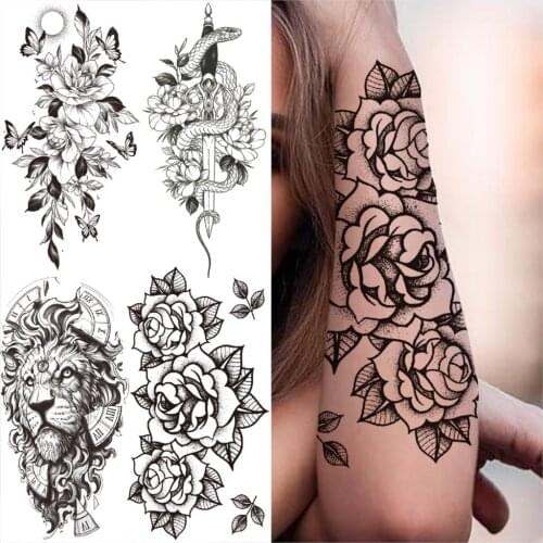 Realistic Rose Flower Arm Fake Tattoo For Women Men Snake Sword Butterfly Temporary Tattoos Lion Water Transfer Tatoos Stickers