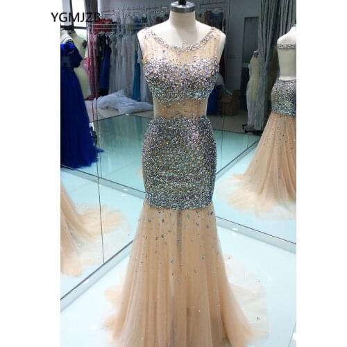 Sexy Backless Prom Dresses Mermaid Luxury Crystal Beaded Illusion Backless Plus Size African Evening Gowns Graduation Gala Dress