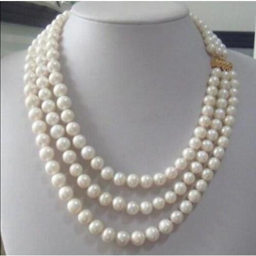 Triple strandsAAA 7-8mm Real Australian south sea white pearl necklace 17-19"14K