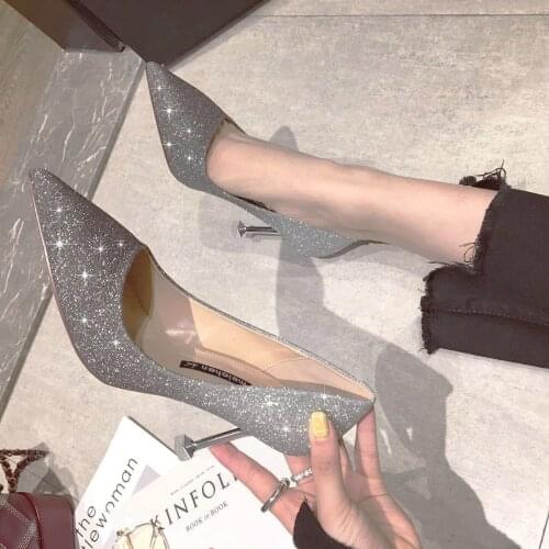 Shoes Woman High French Joker Women Pointed Toe Sequins Stilettos Single Shoes Crystal Wedding Shoes Luxury Sexy Designer Design