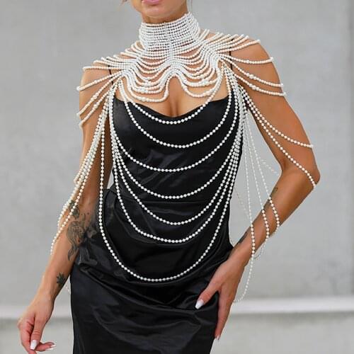 Women Pearl Necklaces Shawl Punk Style Beaded Collar Shoulder Long Chain Necklaces Sweater Chain Sexy Wedding Dress Body Jewelry