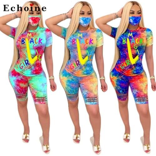 Womens Tie-Dye Printed T-shirt Suit Burnt Flowers Ins Summer Two Piece Set Sports Casual Tops Fitness Shorts Active Tracksuit