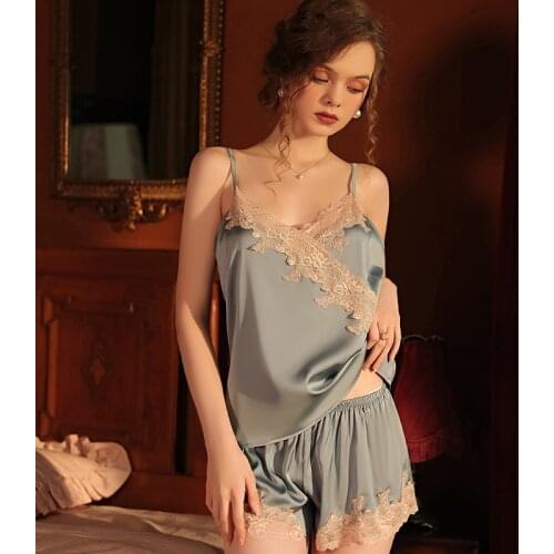 017 Sexy Lace Lingerie Set V-neck Satin Sleepwear Womens Pajama Set Sexy Temptation Solid Nightwear Female Cami Top and Shorts
