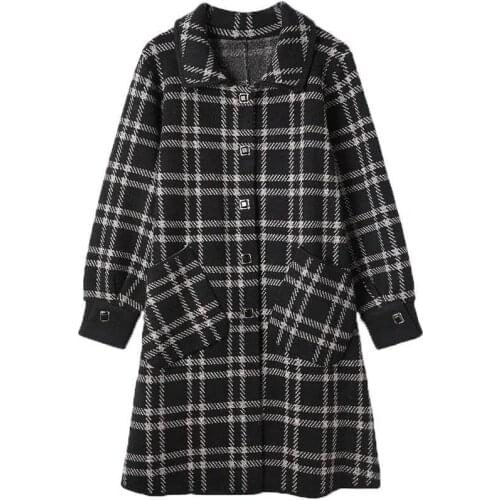 New knitted Cashmere Plaid Woolen Coat Women Mid-Long Loose Square Collar Autumn Winter Hooded Outerwear Fashion Elegant Jacket