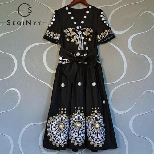 SEQINYY Black Midi Dress Summer Spring New Fashion Design Women Runway Vintage Flowers Embroidery High Quality A-Line Belt