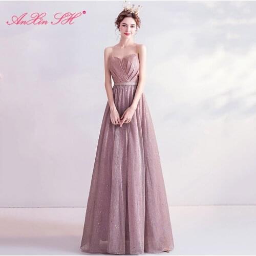 AXJFU princess pink lace gold star evening dress vintage strapless beading illusion beach sleeveless long evening dress 6899