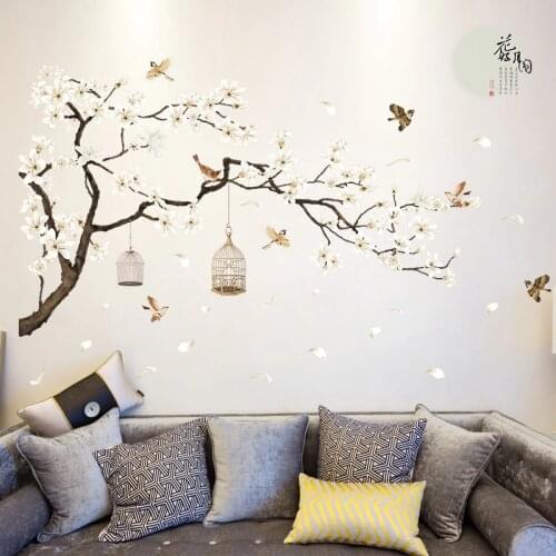 128*187cm Large Chinese Style Flower PVC Wall Sticker Family Tree Bird Living Room Bedroom Home Decor Adhesive Vintage Poster